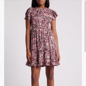 Chelsea28 Pink Animal Printed Puff Sleeve Tiered Satin Minidress Ladies XL